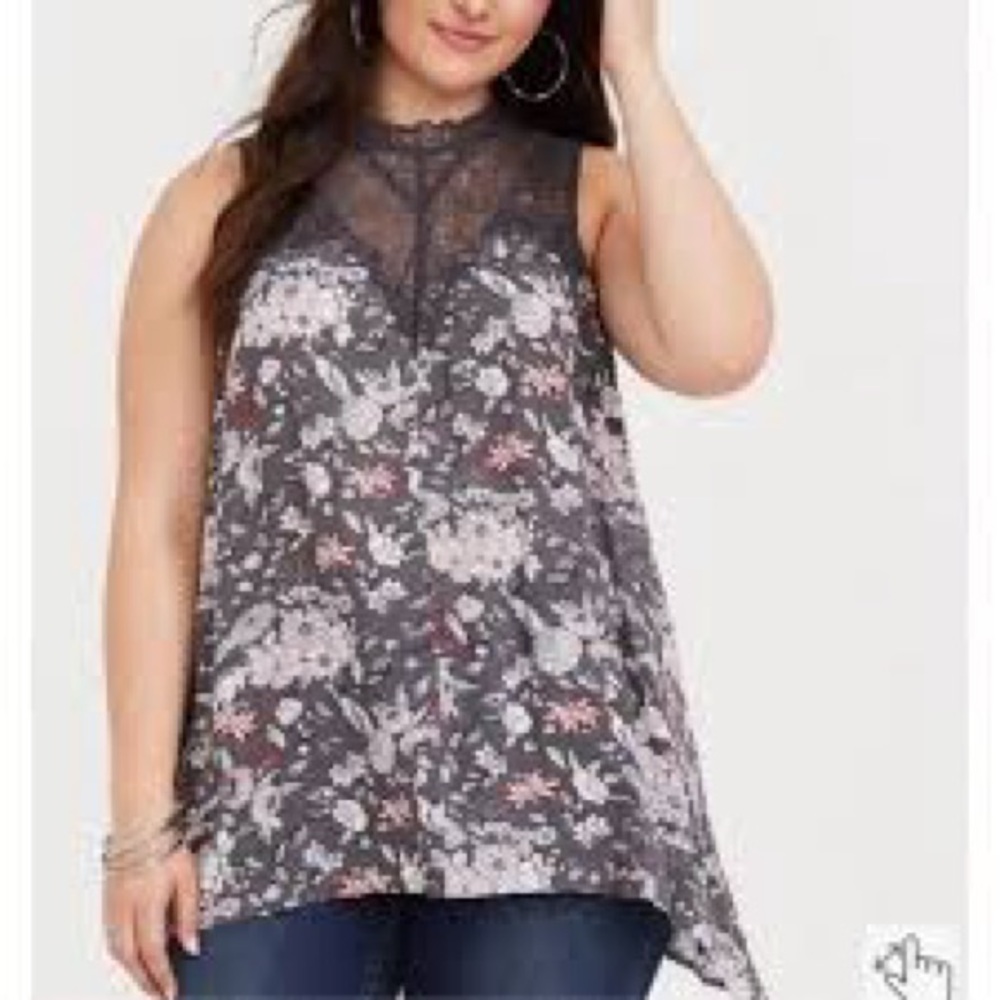 Torrid Grey Illusion Lace Detail Floral Sleeveless Top Grey Multi Size 2x